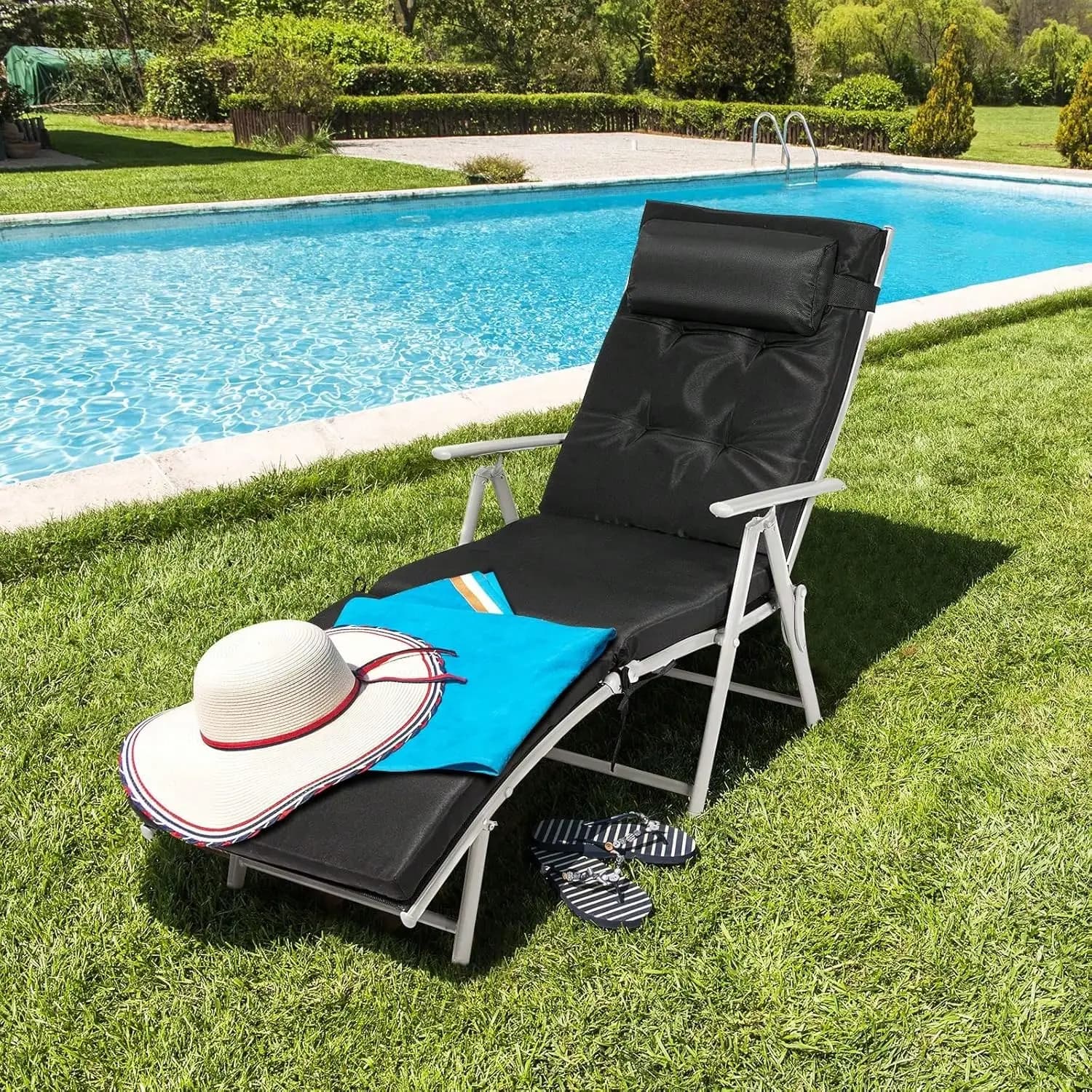 Sdraio da Esterno Pieghevole per Piscina, Sedia Reclinabile da Spiaggia con Cuscino Rimovibile e Poggiatesta, Chaise Longue da Esterno con 7 Posizioni dello Schienale, Lettino Portatile da Patio (1, Nero)