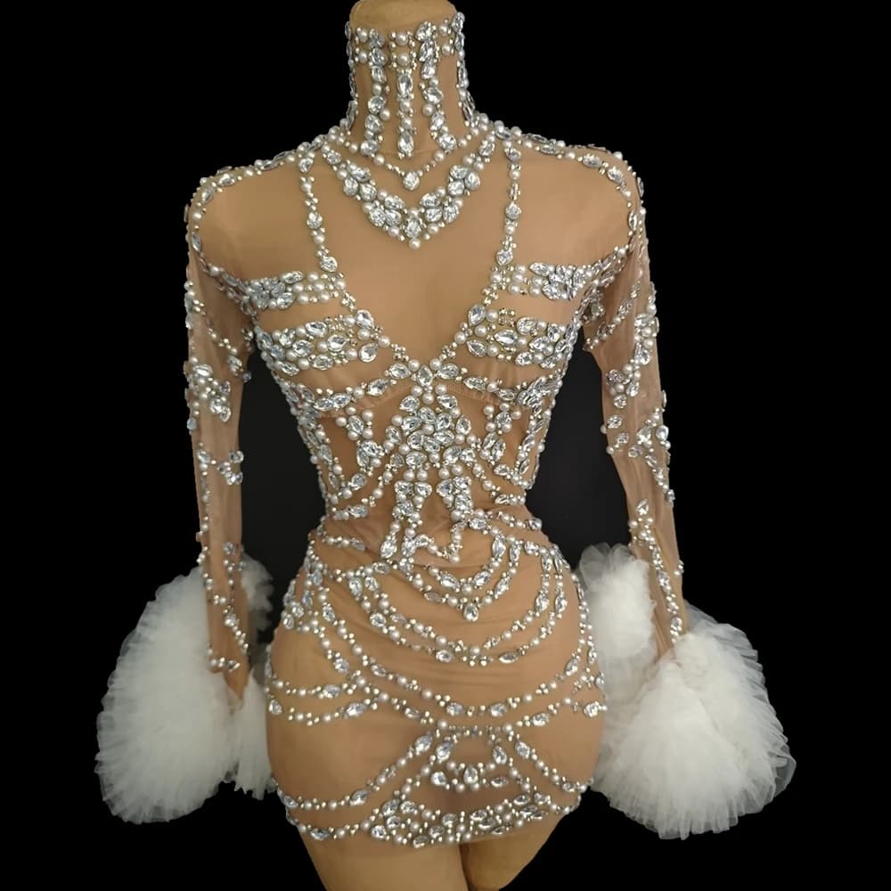 Strass scintillanti Perle Abito corto Donna Sexy Trasparente Compleanno Festeggia Abito da sera Costume di scena Servizio fotografico