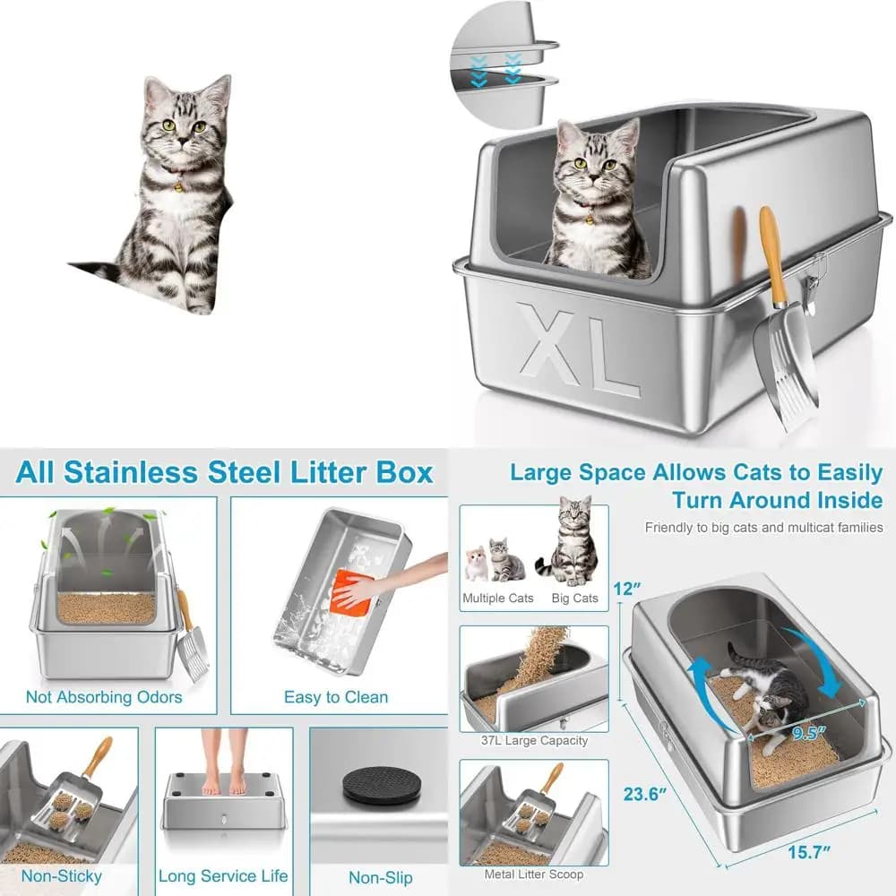 Lettiera per Gatti Extra Large in Acciaio Inossidabile con Coperchio, Bordi Alti per Gatti Grandi, Profonda e Anti-Odore