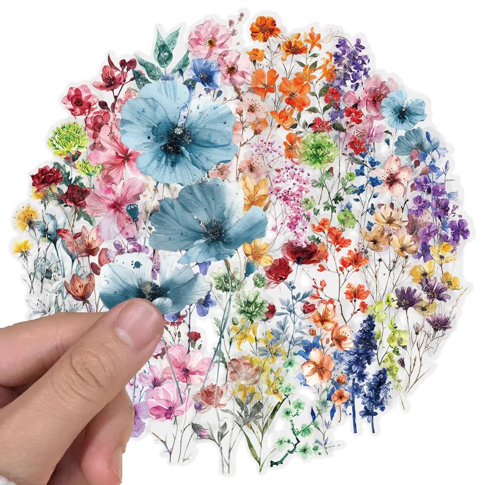 Confezione di adesivi per fiori con inchiostro colorato da 50 pezzi Adesivi impermeabili per notebook decorativi in materiale floreale per brochure in PET trasparente impermeabile