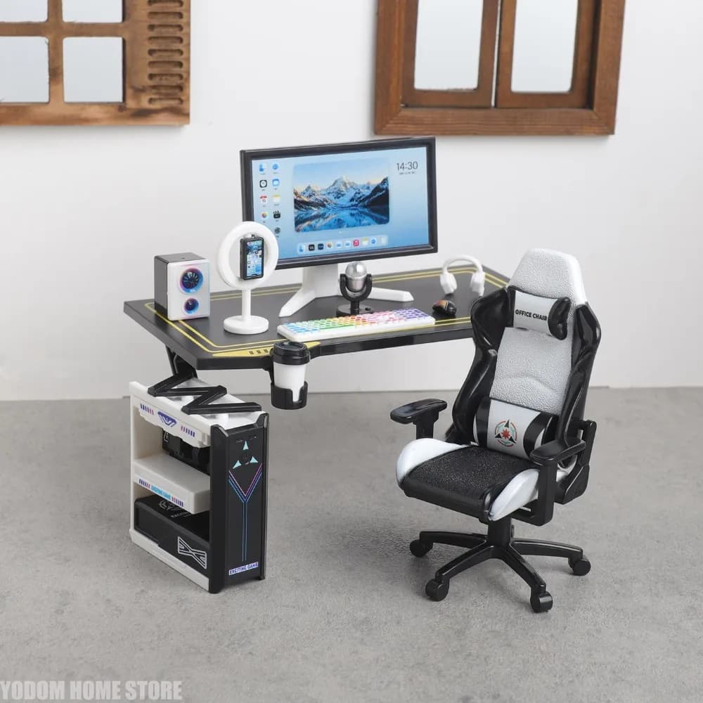 1:12 Mini Gaming Desk Chair Set Micro Model Computer Host Desktop Ornament Scene Matching Decor
