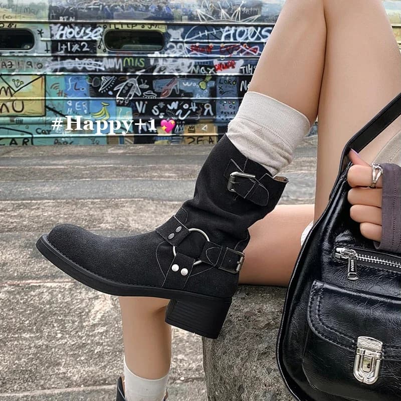 2026 new autumn winter women ankle boots natural leather 22-25cm cow suede upper belt buckle fashion Knight Boots