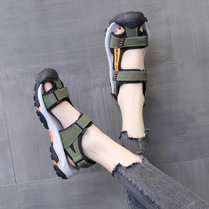 2026 New Women's Summer Green Casual Durable Flat Sandals with Velcro Closed-Toe Sports Sandals Running and Beach Shoes
