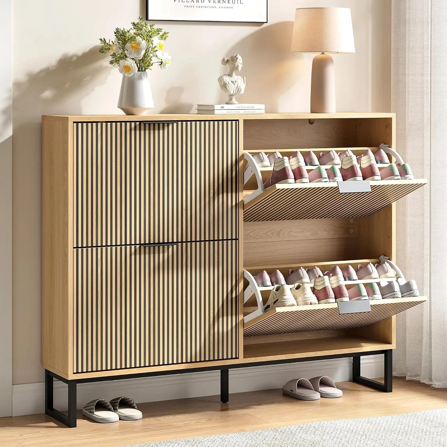 Slim Shoe Cabinet with 4 Flip Drawers & Adjustable Shelves Hidden Narrow Freestanding Organizer for Entryway Hallway, Customized