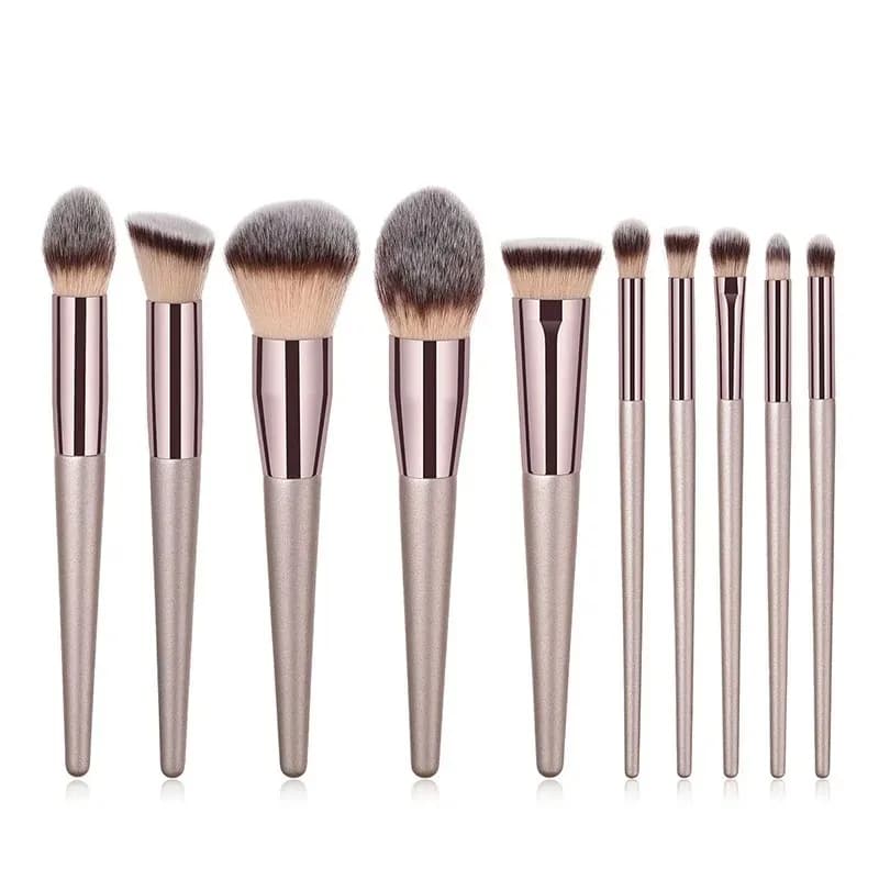 Set of 10 piece gold champagne makeup brushes - Professional vegan brushes for foundation, contour, eye shadow, highlighter, complete
