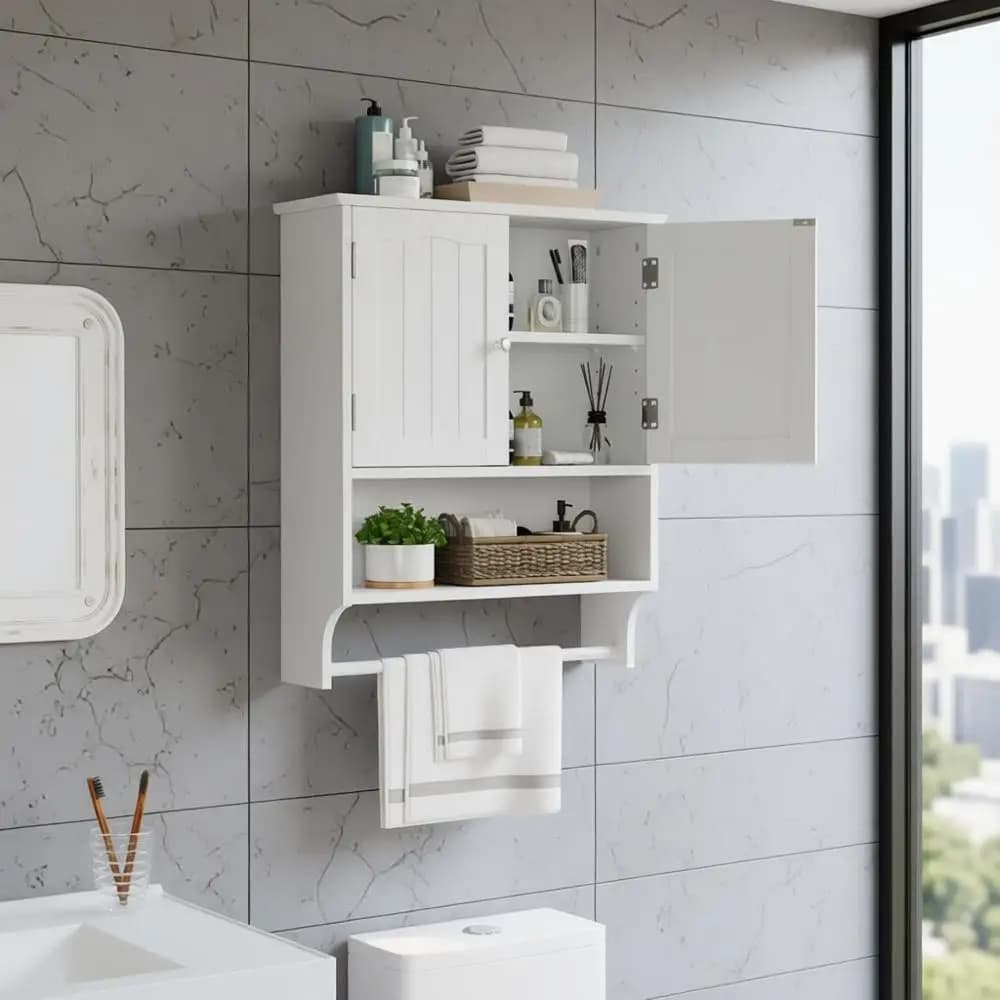Armadietto da bagno bianco da parete con portasciugamani, armadietto dei medicinali da bagno con ripiani regolabili a 2 ante, sopra la cabina del WC