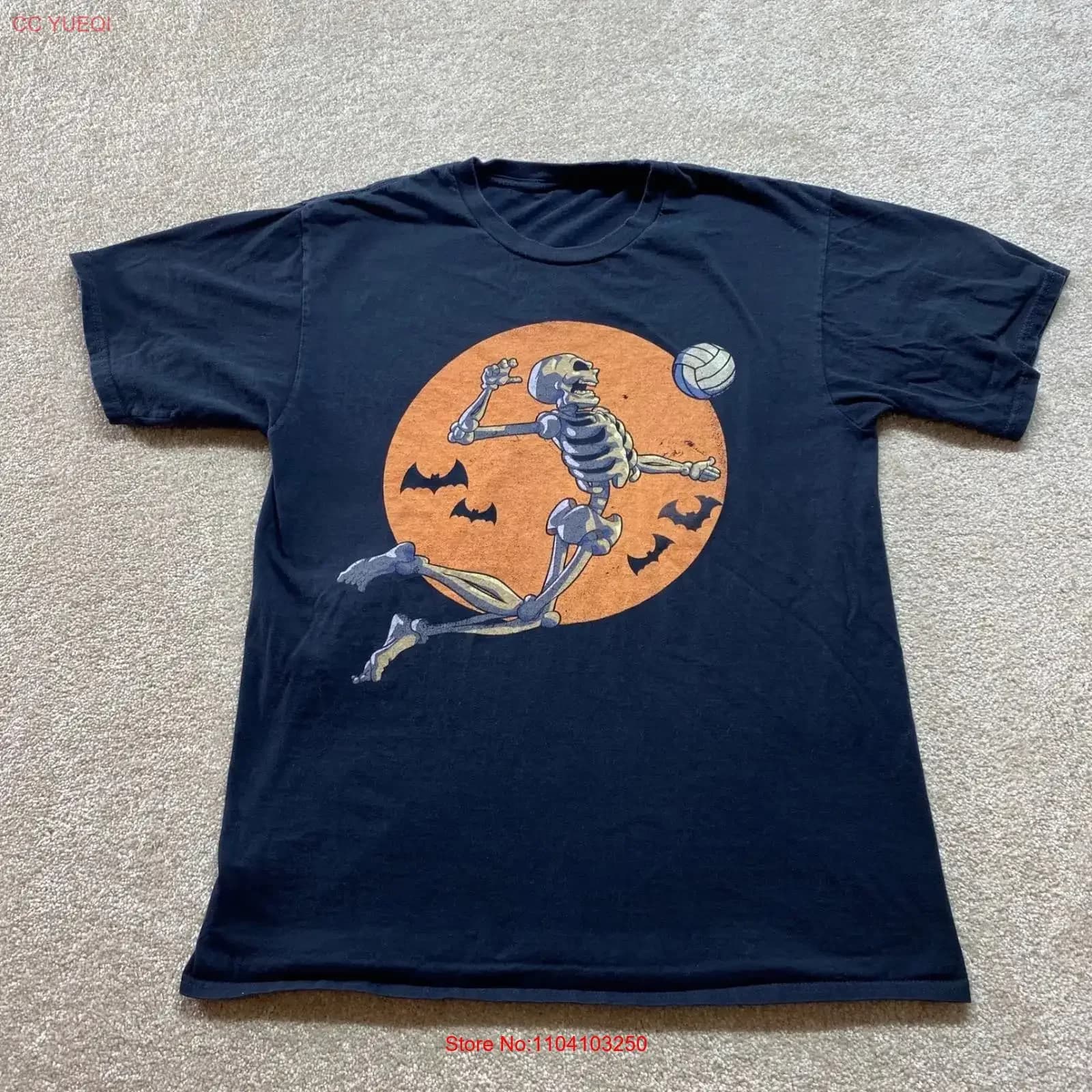 Funny volleyball t-shirt with skeleton, black, woman's, for Halloween, fun and a little scary, vintage, slightly washed, unisex, comfortable, casual, man's