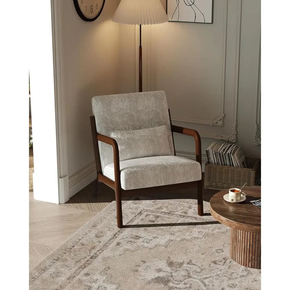 Poltrona Century in stile moderno, rivestimento in velluto a coste larghe, poltrona in legno massello con cuscino lombare rimovibile, robusta sedia da lettura