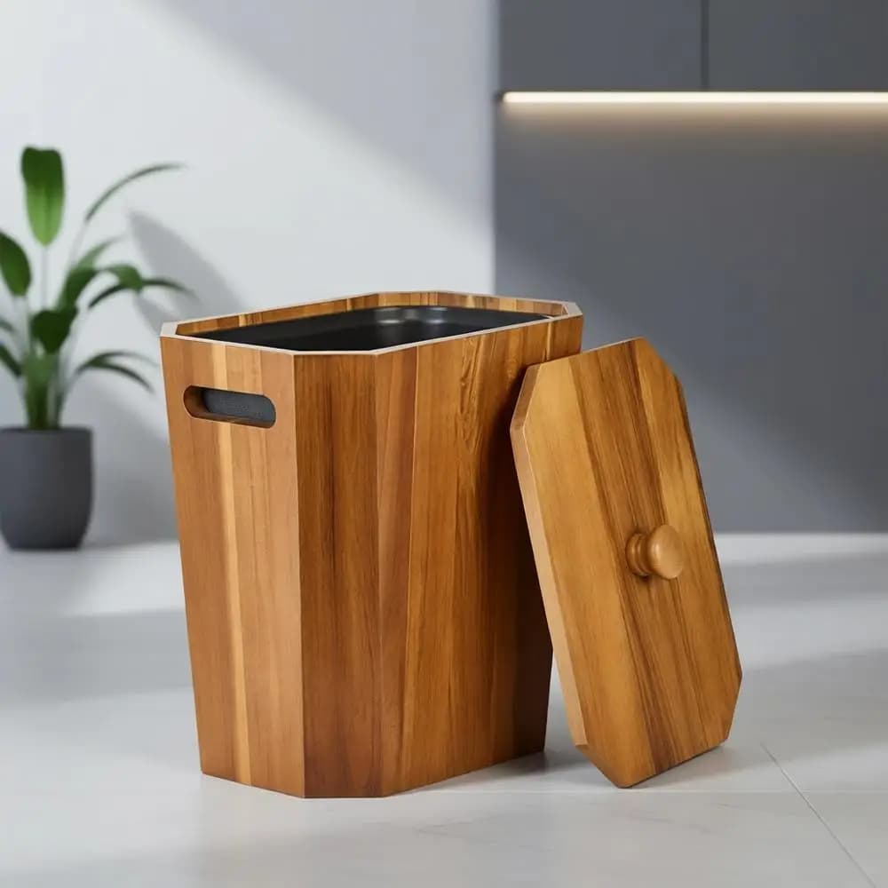 Cestino per Rifiuti in Legno da 1,2 Galloni con Coperchio e Fodera in Plastica - Piccolo Cestino per Bagno, Camera da Letto o Ufficio