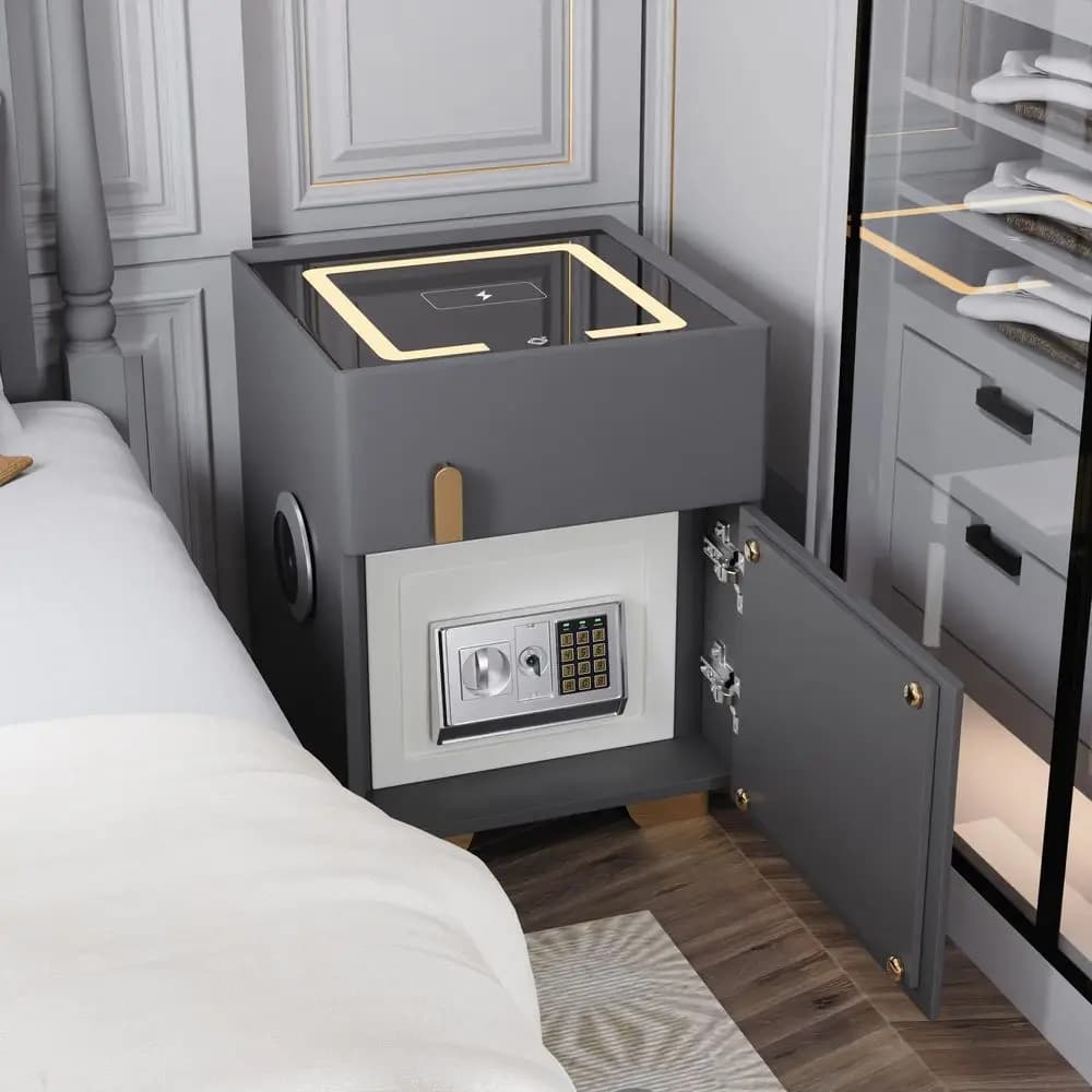 Comodino con Caricatore Integrato e Striscia LED, Comodino Moderno con Cassaforte e Cassetto