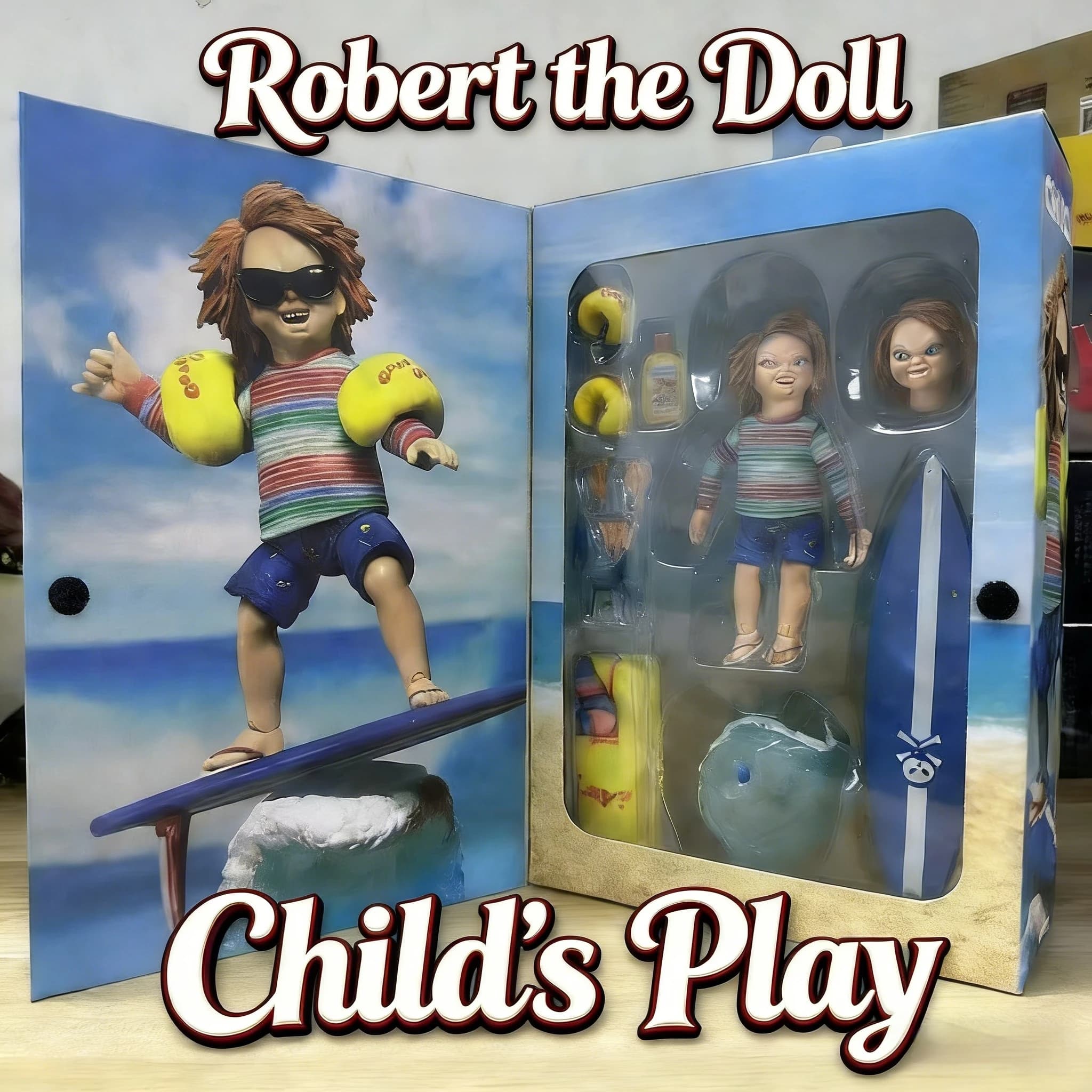 Hot Mov Neca Gioco per bambini Robert La bambola Chucky Surfs Up Action Figure in edizione limitata Ornamenti decorativi per il desktop Regali giocattolo