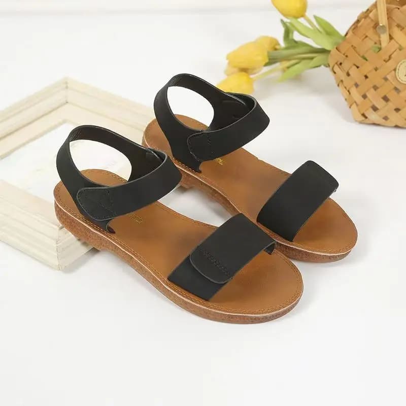 Women One Word Flat Sole Sandals Summer New Soft sole Non Slip Lightweight Middle Aged And Elderly Women Velcro Sandals