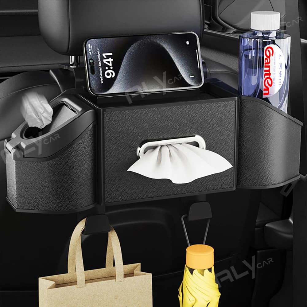 Organizer universale per sedile posteriore auto con dispenser per fazzoletti, cestino per rifiuti, tasche portaoggetti e ganci – Organizer multifunzionale per sedile posteriore auto