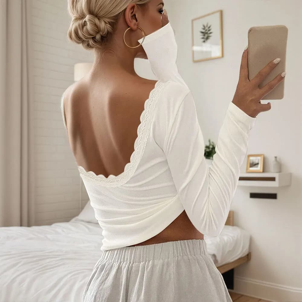 Cleanfit Stitching Lace Backless Slim Long Sve Top Sexy Sweet Pit T-Shirt for Women Long Sleeve 3D Effect Polyester