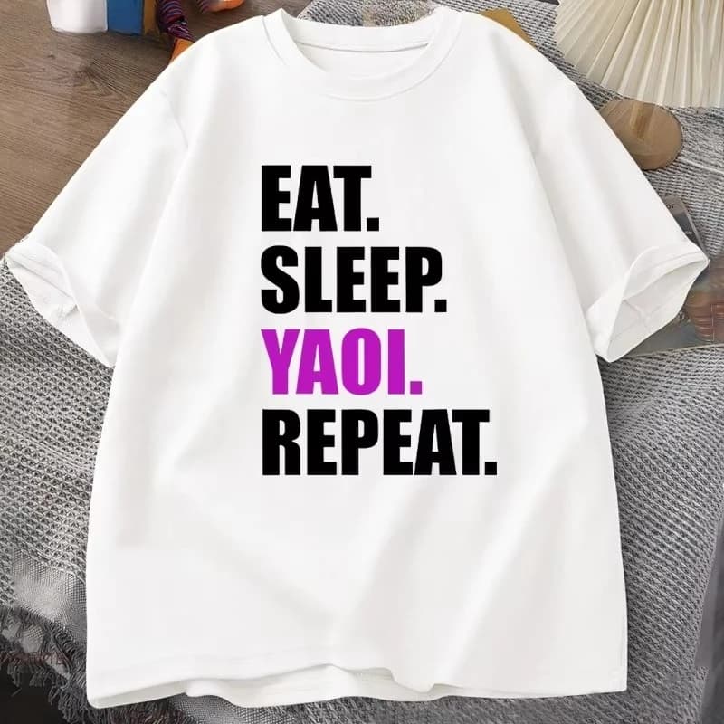 Maglietta 'Eat Sleep Yaoi Repeat' in Stile Manga, T-shirt Traspirante in Cotone per Uomo e Donna, Maglietta a Maniche Corte con Collo Tondo