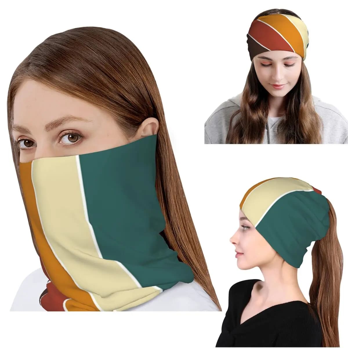 Iconiche strisce nordiche degli anni '70 in colori autunnali, bandana, copricollo, sciarpa, maschera multifunzione, berretto, cappello per adulti, lavabile