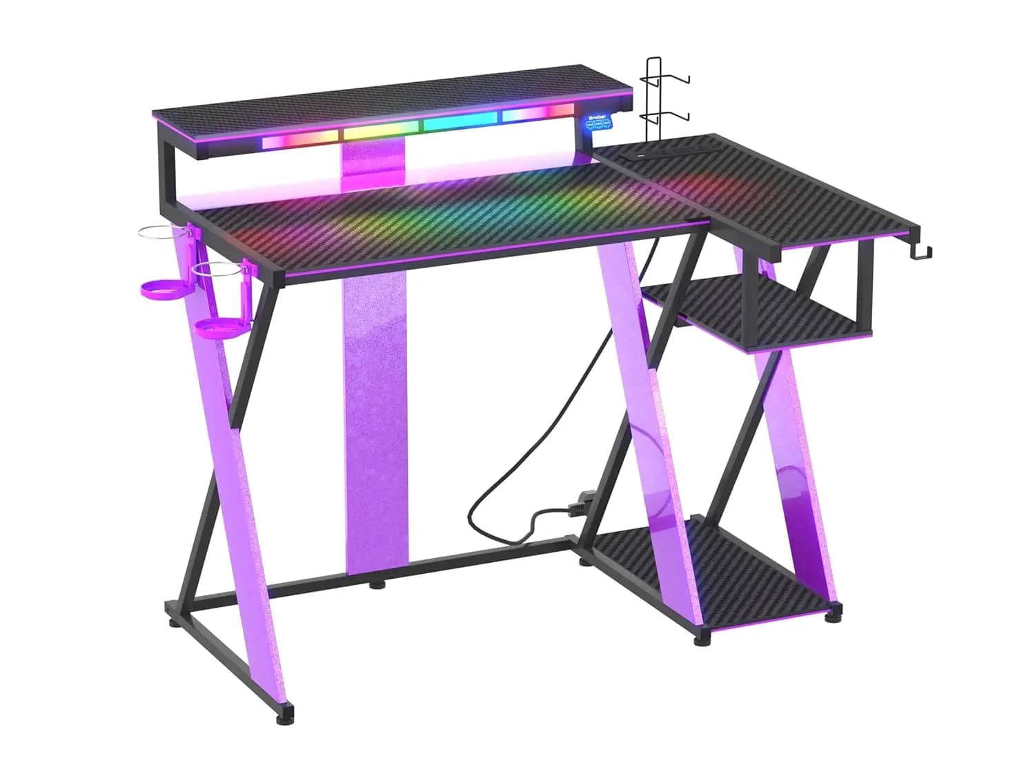 Computer Corner Desk with Music Synchronization, RGB LED Lights, Monitor Support, PS5 shelves, Glass Door and Headphone Hook, 42 inch, Customizable