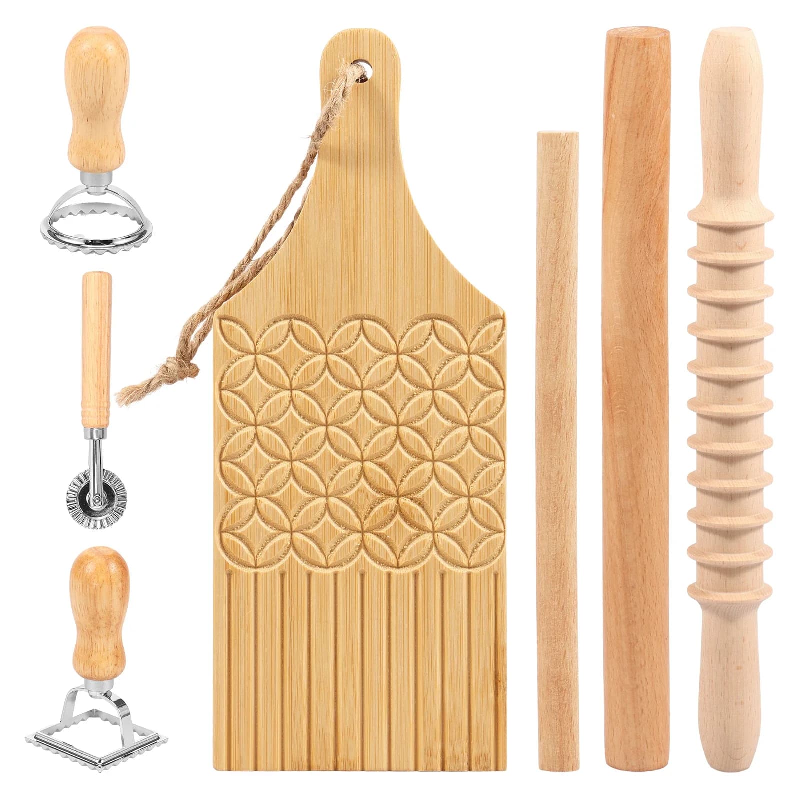 Set di 7 Utensili per Fare la Pasta Include Mattarello a Spirale, Bastone per Impastare in Legno, Tavola per Gnocchi, Stampo per Ravioli, Pratico Strumento Fai-da-Te per Pasta
