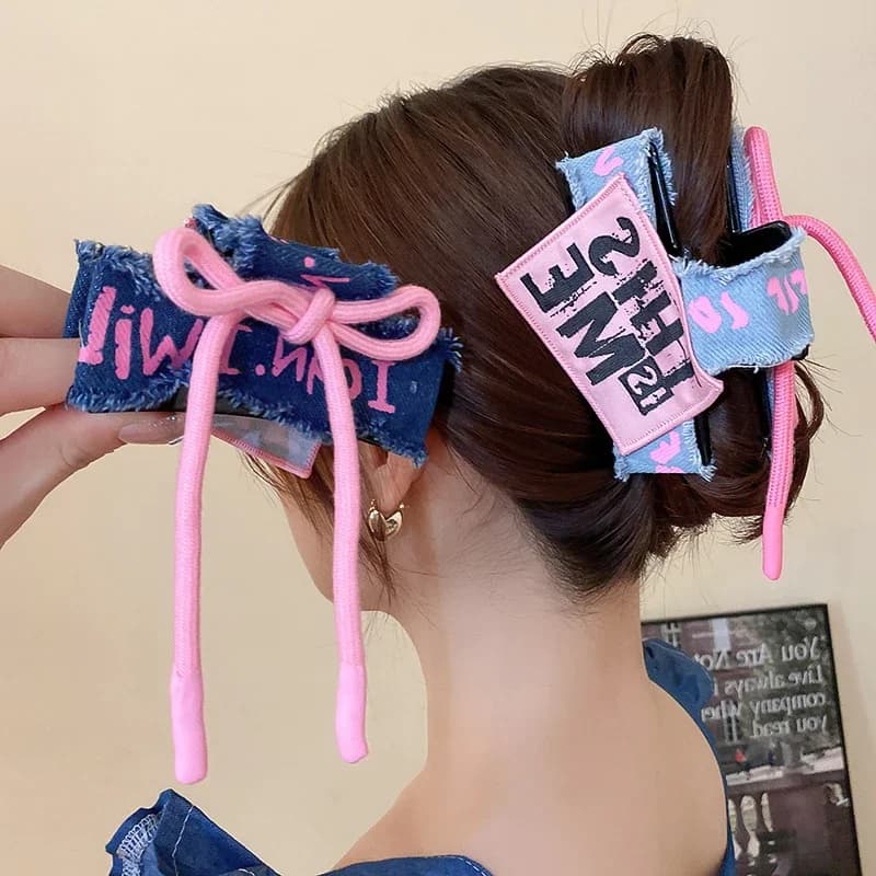 1/2 pieces Jean letter pink blue fabric bowknot hair claws for women sweet and fresh shark clip accessories Christmas temperament