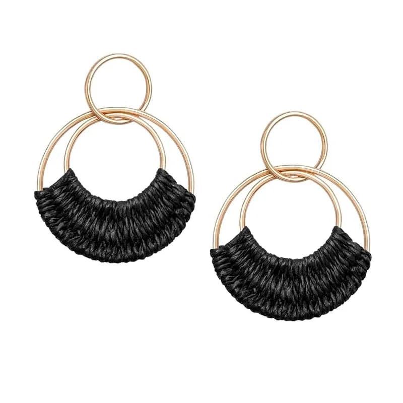 Rattan Weave Earrings Boho Raffia Dangle Hoop Earrings Handmade Straw Wicker for Women Summer Beach Party, Black