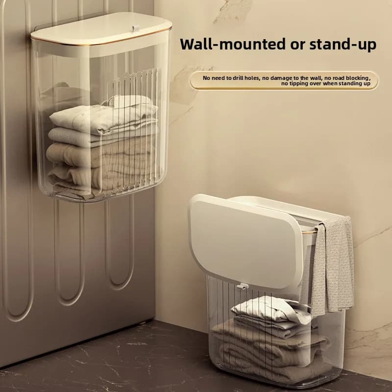 Luxury wall-mounted linen basket, without drill, hanging clothes basket with cover for bathroom/bedroom, transparent container