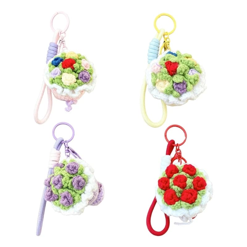 CORB Lovely Crochet Flower Keychain With Secure Metal Hook for Women Girl Car Rings Phone Hanging Decoration Charm Pendant
