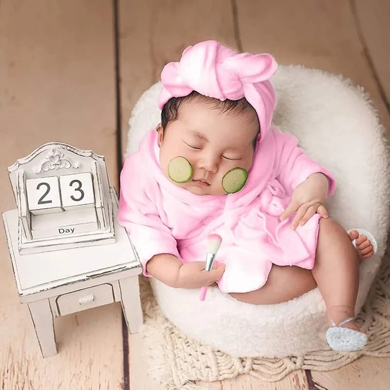 7 pezzi/cappello bigodino all'uncinetto con pennello per il trucco set fotografico accappatoio per bambini abiti per servizio fotografico neonato include pantofole per asciugamani