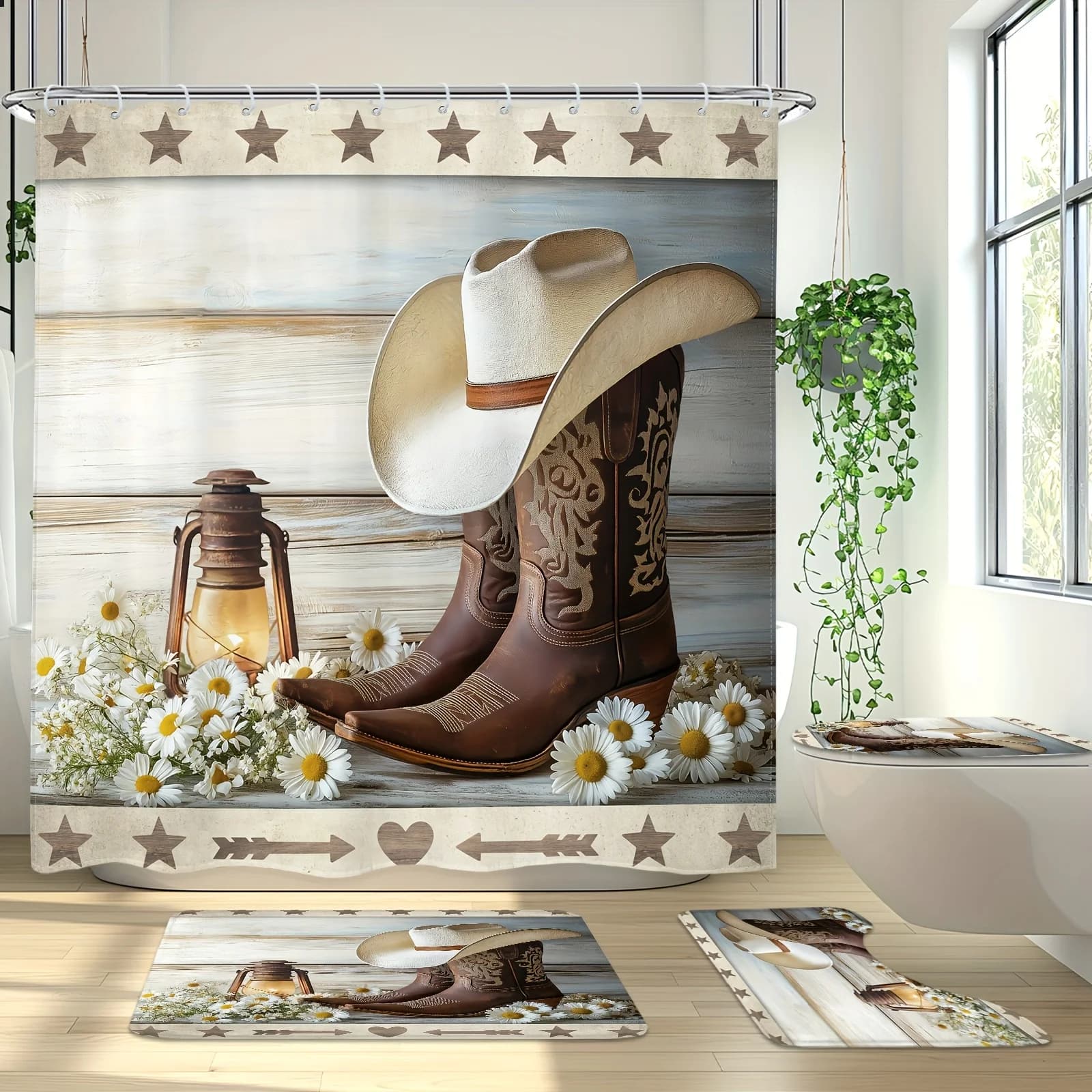 "Set da bagno Rustic Cowboy 4 pezzi: tenda da doccia, tappetino da bagno, imbottitura a forma di U, copriwater - Decorazione in poliestere impermeabile"