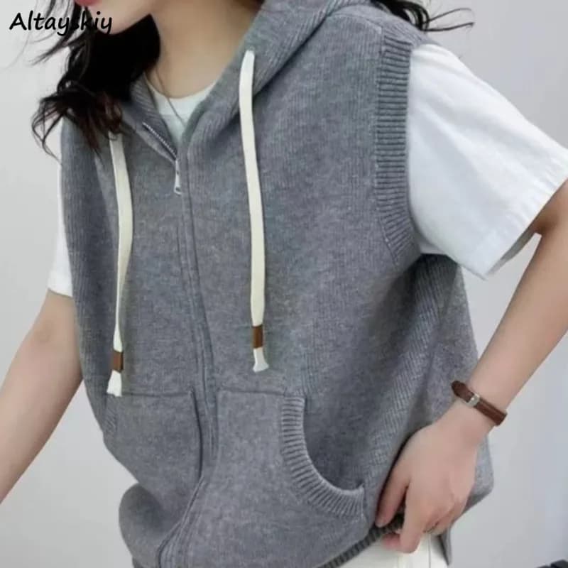 Gilet maglione con cerniera per donna Tasche solide lavorate a maglia All-match Primavera Autunno Giovane moda con cappuccio Nicchia Casual Ins