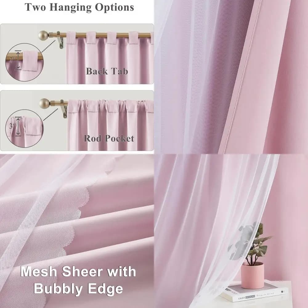 80% pink obscurant blinds with transparent overlap for girls' room, double layer curtains with shutters, 37 x 95
