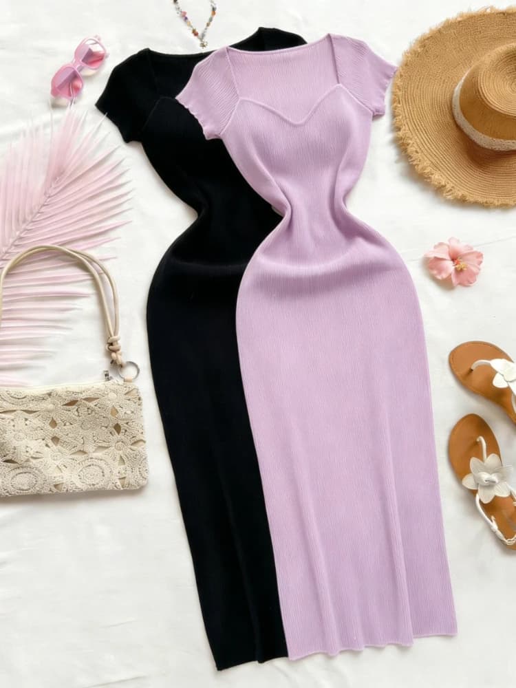 Purple Sexy Summer Knit Maxi Dress Women Short Sleeve Elastic Bodycon Sundress Female Beach Solid Split Long Dress Outfits