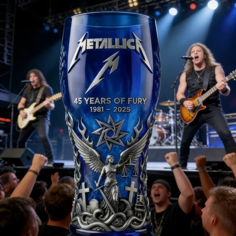 Bicchiere da Birra Blu in Rilievo 3D per il 45° Anniversario dei Metallica 1981-2025, Bicchiere da Collezione Heavy Metal Rock Band, Regalo per Appassionati