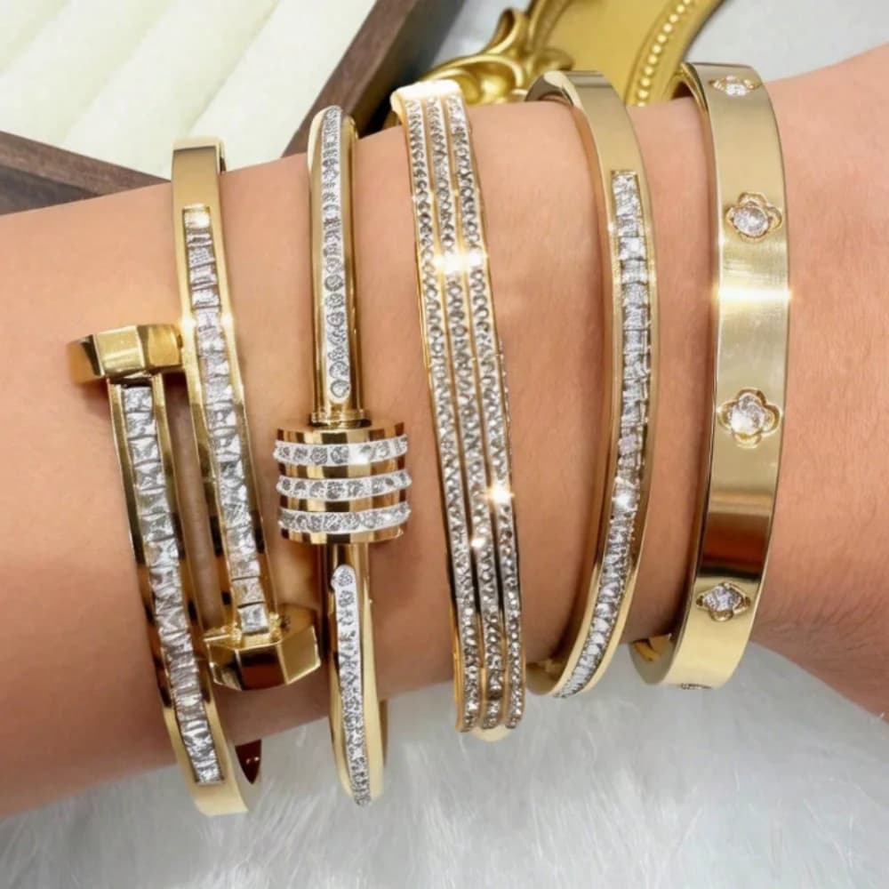 Stackable Stainless Steel Bracelet Set For Women Inlaid Cubic Zirconia Minimalist Waterproof Wrist Jewelry Daily Wedding Valentine Anniversary Gift Set