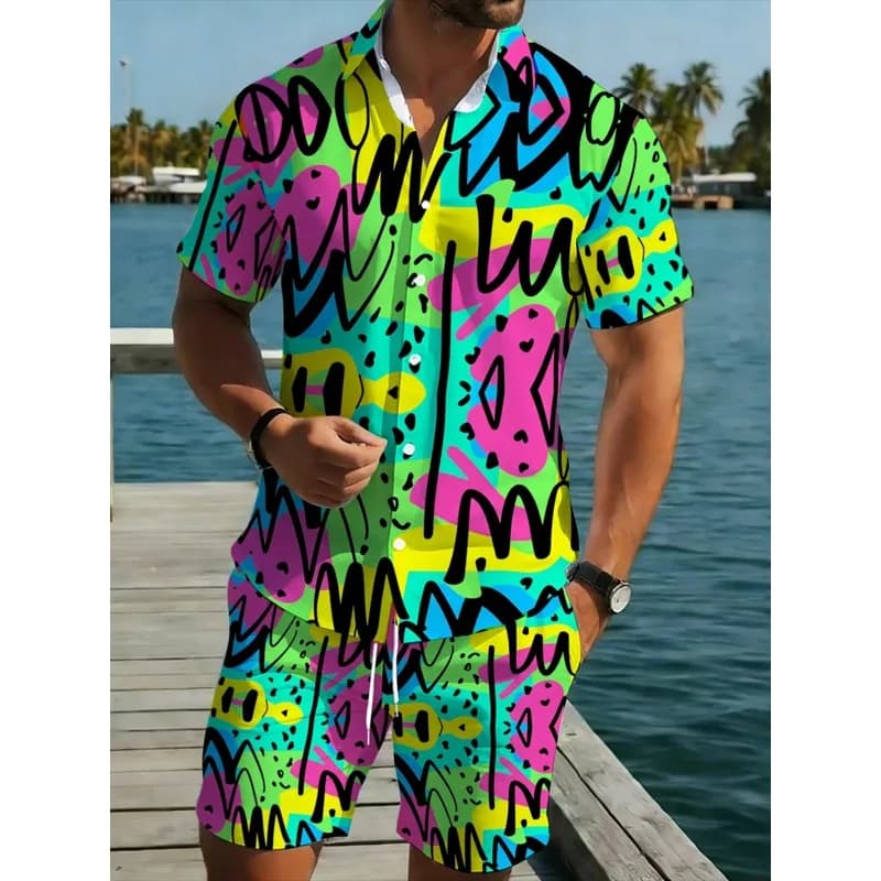 Men's Colorful Printed Short Sleeve Shirt Shorts Set Polyester Lightweight Beachwear Outdoor Casual Summer Vacation Party Wear