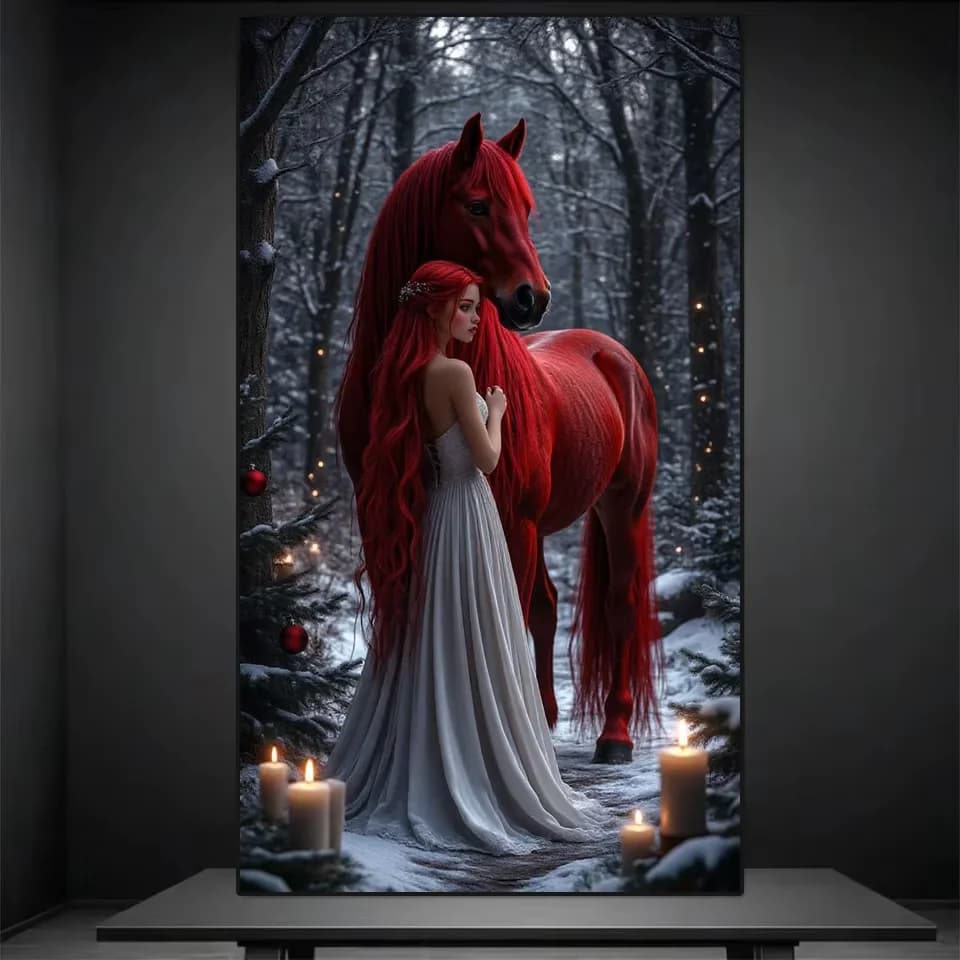 Nuovo Kit Pittura Diamante 5D Donna e Cavallo Rosso Paesaggio Invernale Foresta Mosaico Completo Ricamo Punto Croce Decorazione Casa