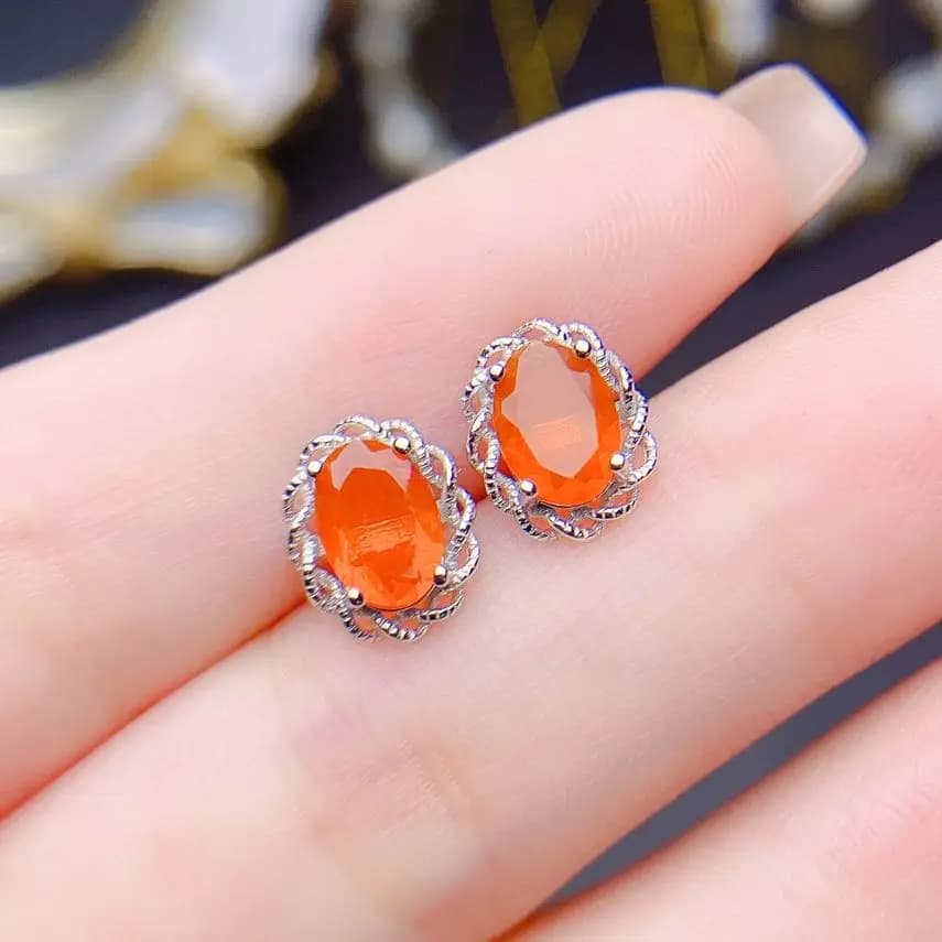 Orecchini popolari con bellissimi opali Orecchini a bottone con opale di fuoco arancione naturale in argento sterling 925 per le donne