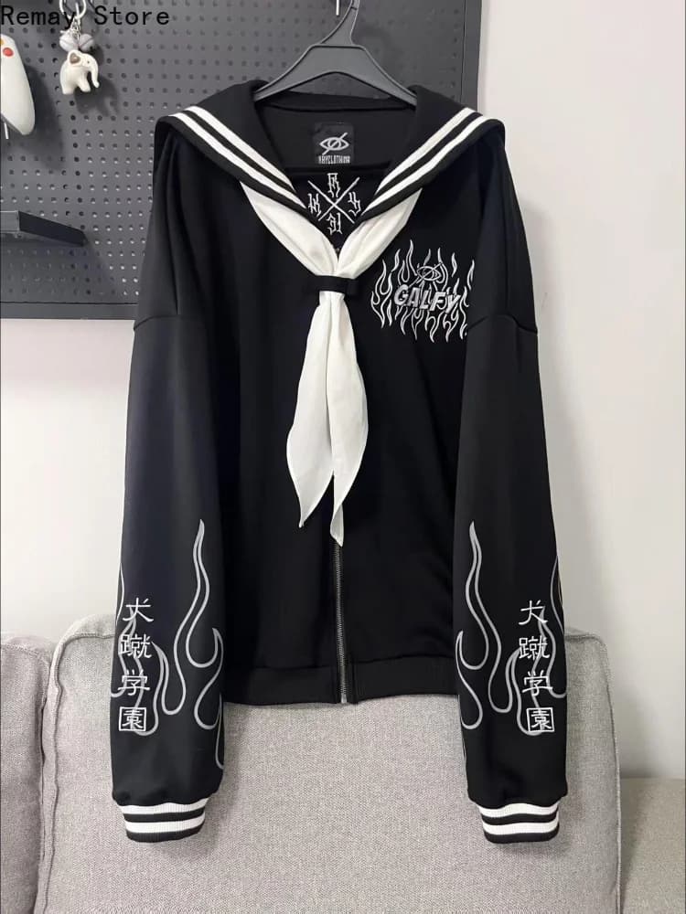 Japanese Harajuku School Sailor Uniform Sweatershirt Black White Navy Collar Loose Subculture Design American Retro Pullovers