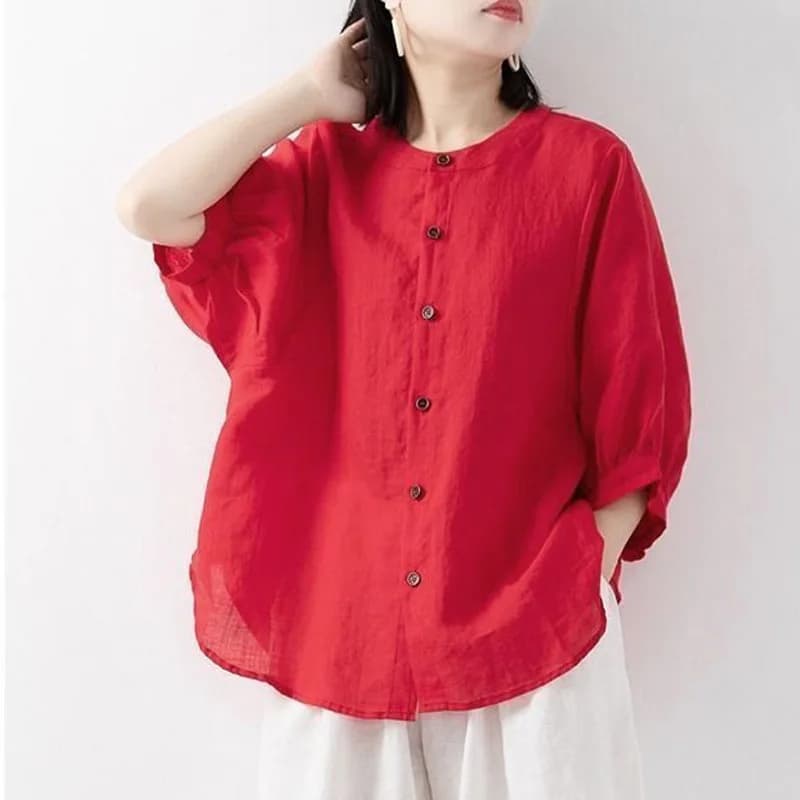 Women's cotton and linen shirt spring and summer thin color lantern sleeve collar to Korean large wide shirt
