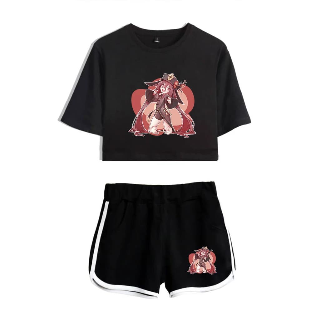 Completo due pezzi da ragazza alla moda con stampa Genshin Impact Hu Tao: T-shirt sexy a maniche corte e pantaloncini adorabili con ombelico a vista
