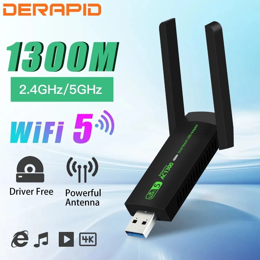 Adattatore USB WiFi da 1300Mbps Dual Band 2.4G/5Ghz Dongle wi-fi 802.11AC potente Antenna ricevitore Wireless per PC/Laptop Driver gratuito