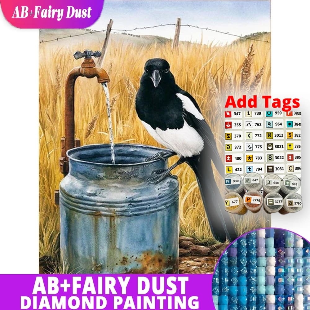 AB Fairy Dust DIY Diamond Mosaic Magpie Bird Water Pump Full Square Round Drill Diamond Painting Embroidery Wall Art Home Decor