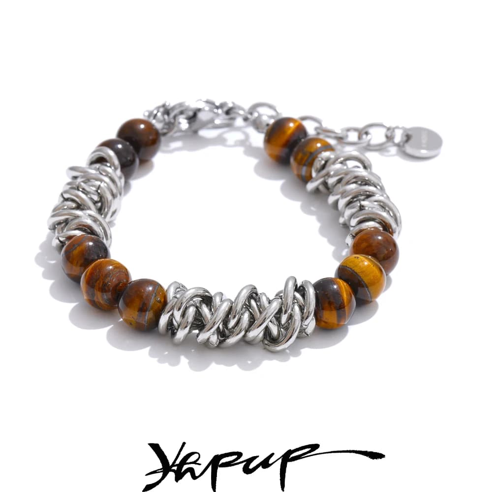 Yhpup 18+6 cm Gioielli fatti a mano di moda Colore argento Acciaio inossidabile Pietra di tigre naturale Catena Bracciale da uomo Bracciale impermeabile