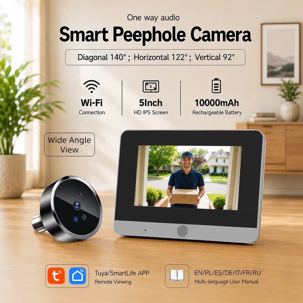 Microwave Radar Motion Detect Tuya 2MP 5" Screen Mini Digital Peephole Viewer WiFi Night Vision Door Eye Camera 10000mAh Battery
