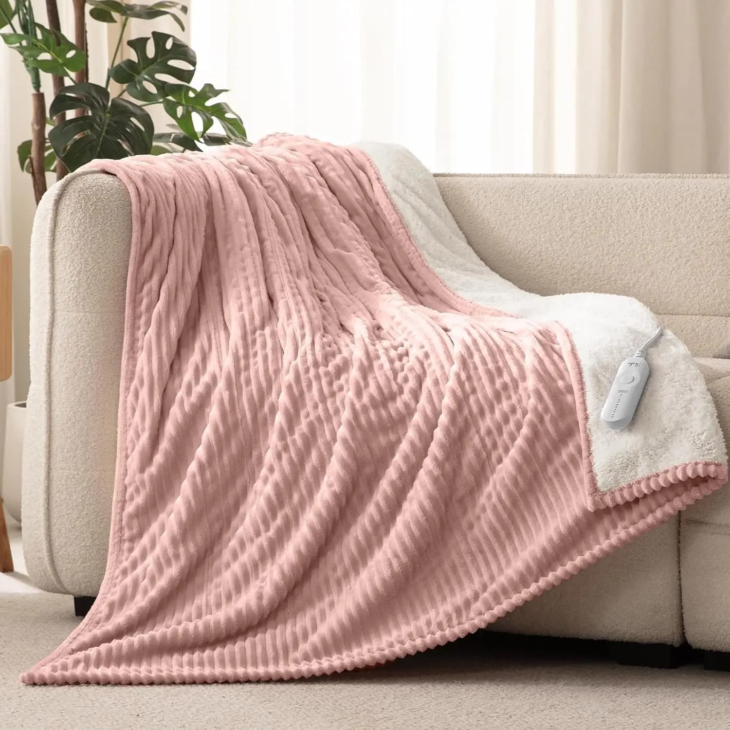 Coperta Elettrica Riscaldata, Morbida in Flanella e Sherpa con 5 Livelli di Calore, Spegnimento Automatico, Certificata ETL (127x152 cm, Rosa)