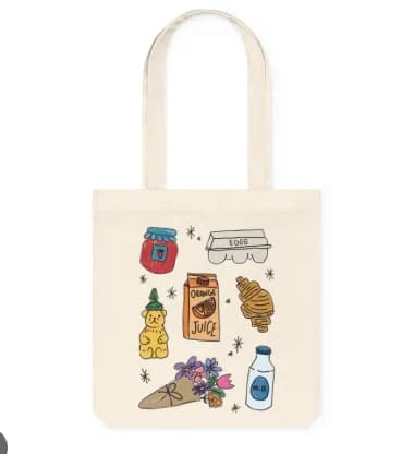 Borsa Tote in Tela con Stampa Cibo e Doodle, Borsa a Spalla Casual alla Moda Versatile Riutilizzabile per Donne e Ragazze, Bianca