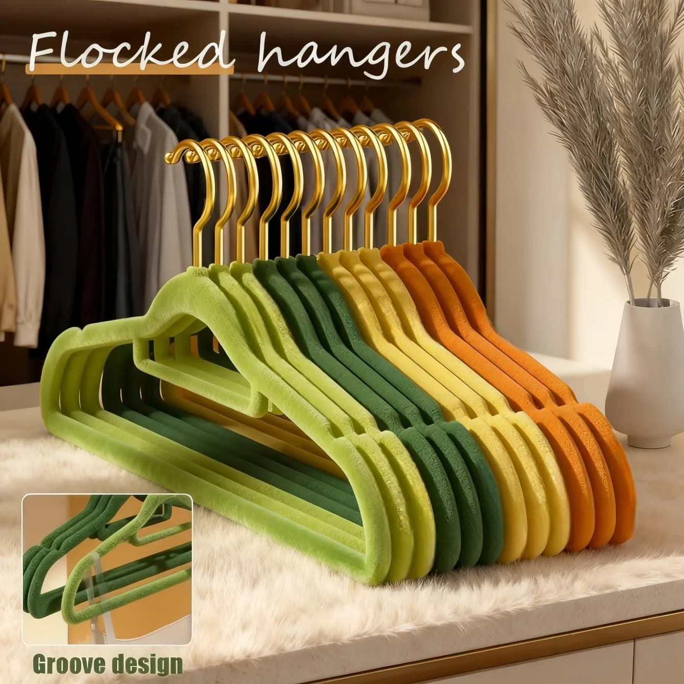 10Pcs Coat Hangers, Non-Slip Felt Suit Hangers, Ultra-Slim Space Saving Clothes Hanger with 360° Swivel Gold Hook