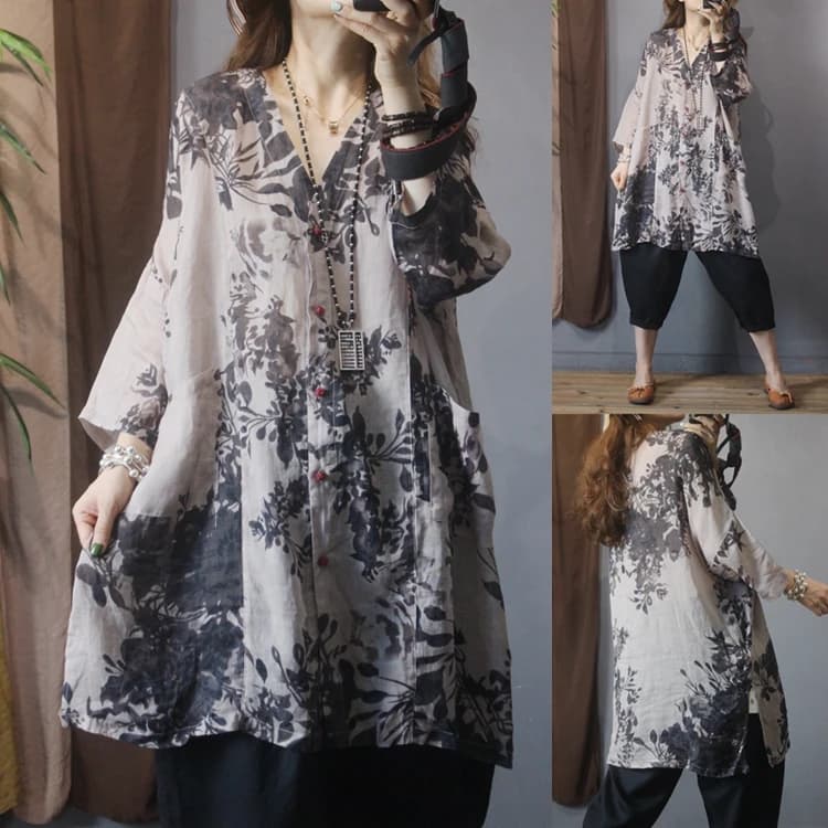 Loose Women's Shirt Jacket Medium Length Watercolor Print Casual Breathable Summer Outerwear Slimming Fashion Commute Style