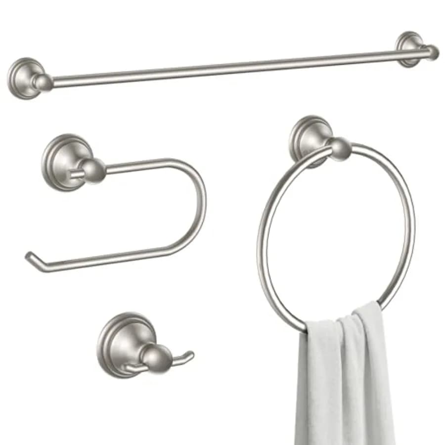 Set Classico di 4 Accessori per il Bagno: Portasciugamani da 24 Pollici, Porta Carta Igienica, Anello Portasciugamani e Gancio per Accappatoio in Lega di Zinco Resistente