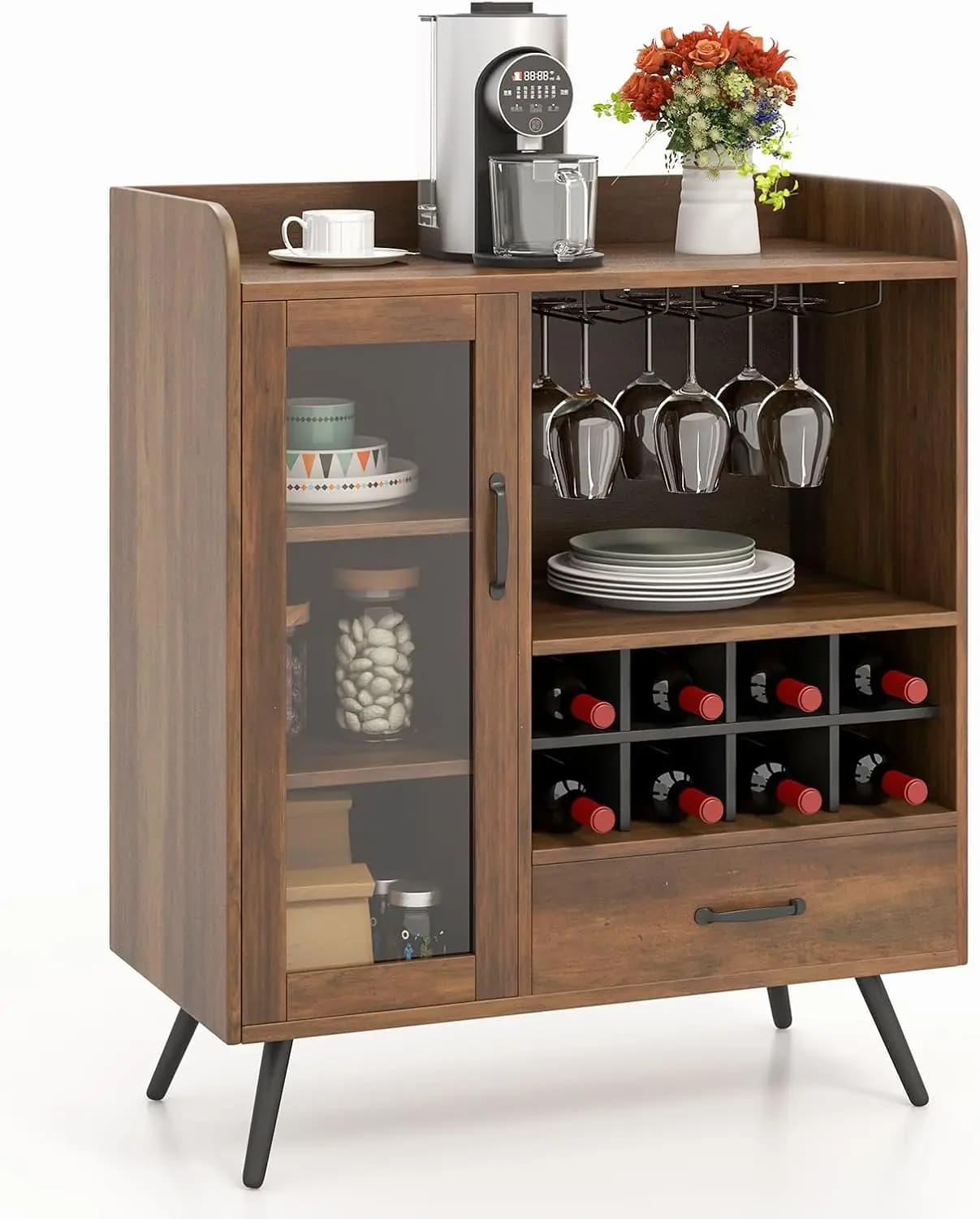 Mobiletto Portabottiglie Rustico Marrone con Porta in Vetro, Ripiano Rimovibile e Kit Anti-Ribaltamento per Cucina o Soggiorno