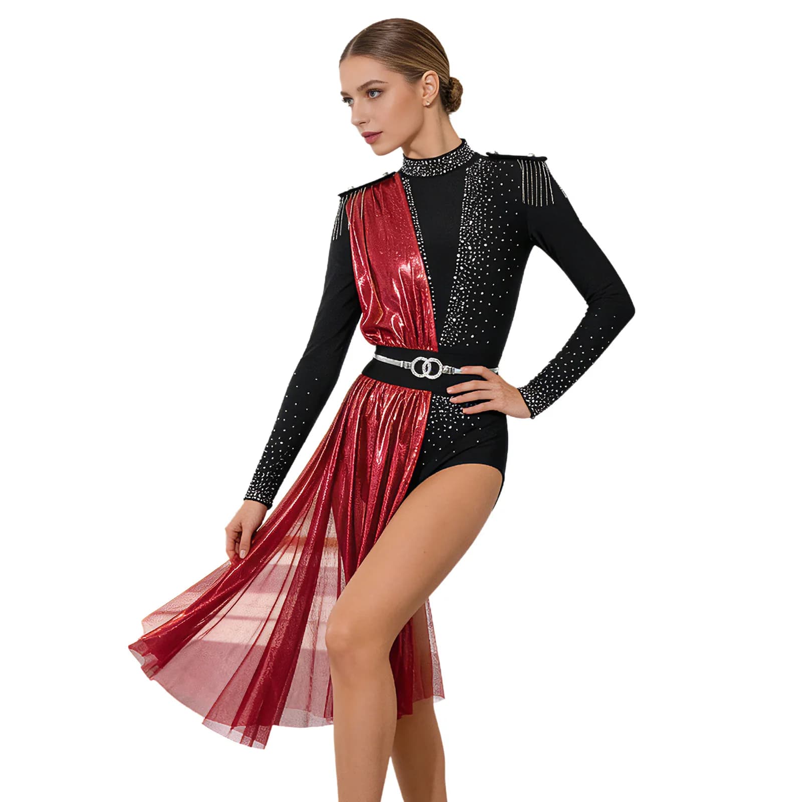 Body da Donna per Pattinaggio Artistico, Ginnastica, Danza Lirica, Costume Metallico Lucido Drappeggiato per Danza Moderna